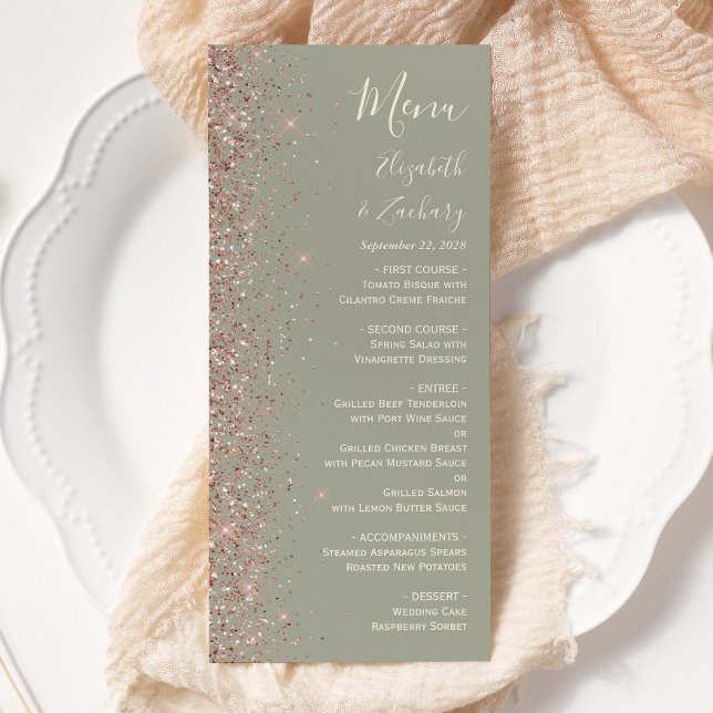 Menu Mariage Moderne Vert Sauge Paillettes Bordure Or R (Créateur téléchargé)