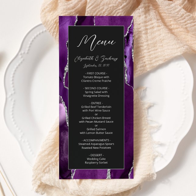 Menu Mariage Moderne Violet Argent Agate Foncé (Créateur téléchargé)