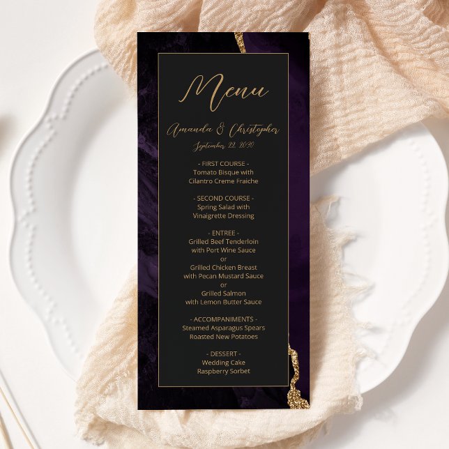 Menu Mariage Moderne Violet Or Agate Foncé (Créateur téléchargé)