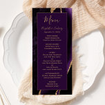 Menu Mariage Moderne Violet Or Agate Prune<br><div class="desc">Ce menu de mariage élégant et moderne présente un fond aquarelle violet agate rehaussé de faux strass dorés. Le texte apparaît dans une écriture manuscrite dorée élégante et des polices copperplate sur un rectangle prune riche. Le motif agate est répété au verso.</div>
