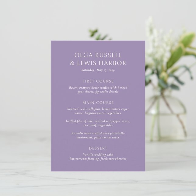 Menu Mariage moderne violet simple (Debout devant)