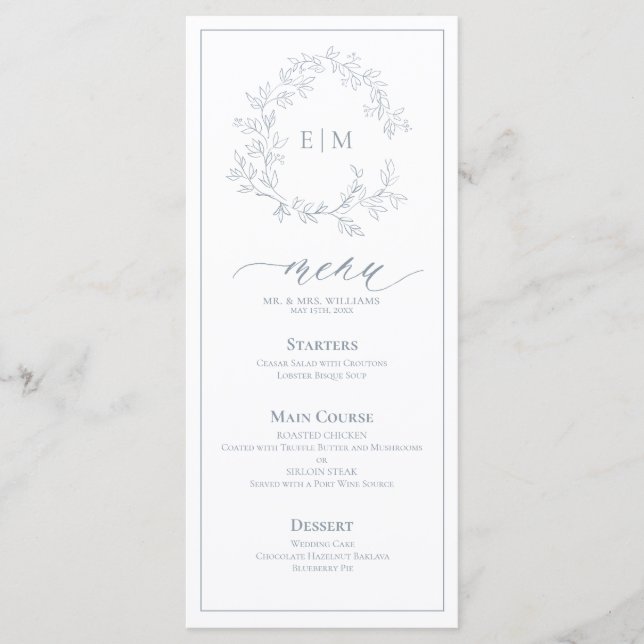 Menu Mariage Monogram Crest Dusty Blue Leafy (Devant)