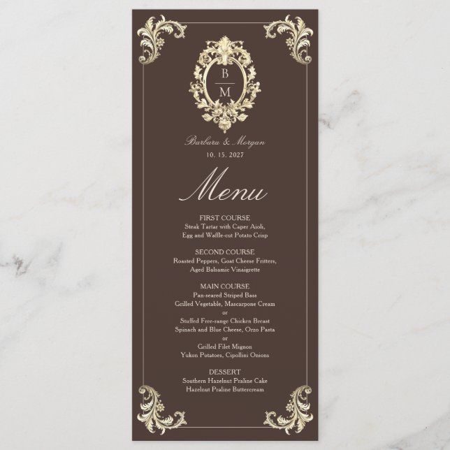 Menu Mariage Monogramme Baroque Or Brun Chocolat Doré (Devant)