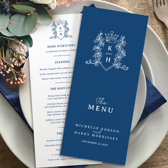 Menu Mariage monogramme blanc et bleu foncé (Créateur téléchargé)
