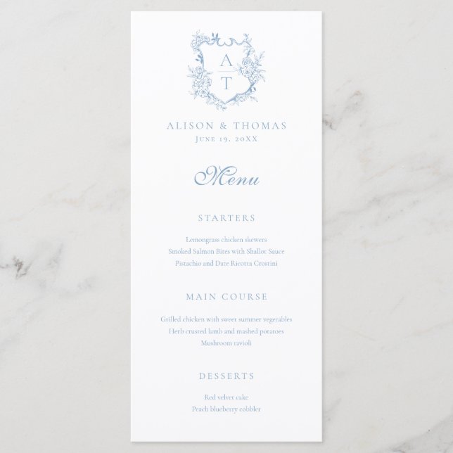 Menu Mariage Monogramme Bleu Poussiéreux Crest (Devant)