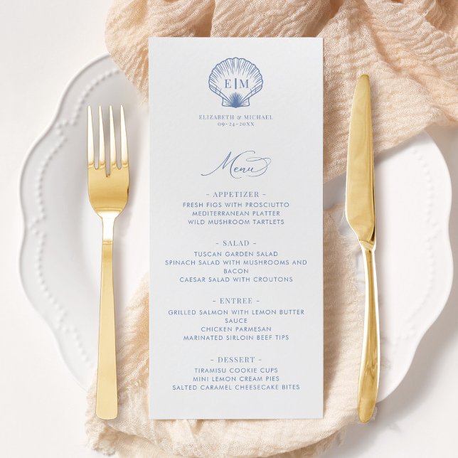 Menu Mariage Monogramme Coquille de Plage Bleu Côtiers (Créateur téléchargé)