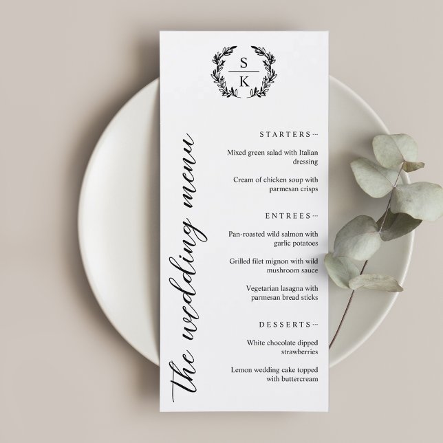 Menu Mariage Monogramme Couronne de Laurier Typographie (Créateur téléchargé)