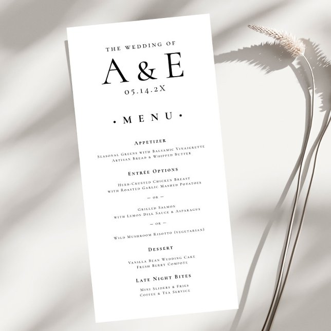 Menu Mariage Monogramme de couple noir et blanc moderne (Créateur téléchargé)
