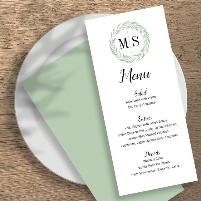 Menu Mariage Monogramme de couronne verte (Créateur téléchargé)