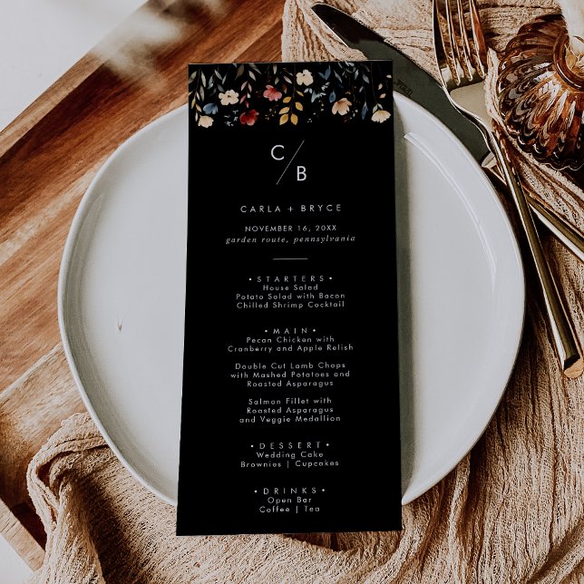 Menu Mariage Monogramme de Fleur Sauvage Bohème Fantais (Créateur téléchargé)