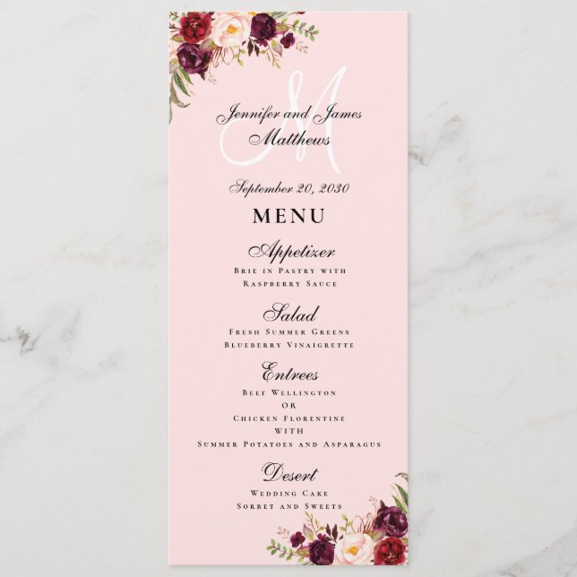Menu Mariage Monogramme de script rose flou de Bourgogn (Devant)