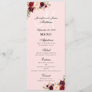 Menu Mariage Monogramme de script rose flou de Bourgogn