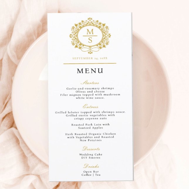 Menu Mariage Monogramme doré (I wish you happiness!)