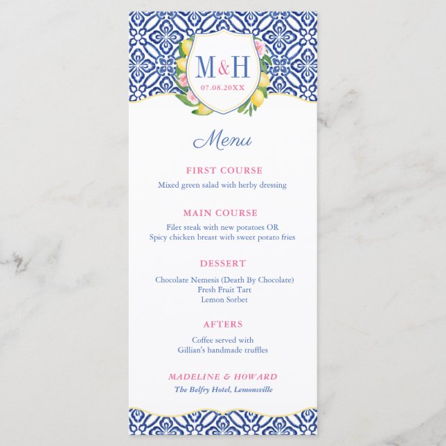 Menu Mariage Monogramme en carreaux bleus citron italie (Devant)