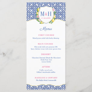 Menu Mariage Monogramme en carreaux bleus citron italie