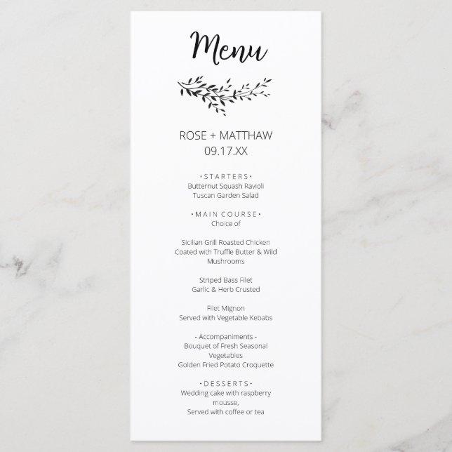Menu Mariage monogramme feuille d'élégance simple (Devant)