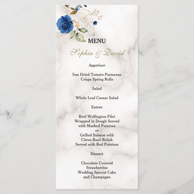Menu Mariage Monogramme Fleurs Bleu Fantaisie Or (Devant)