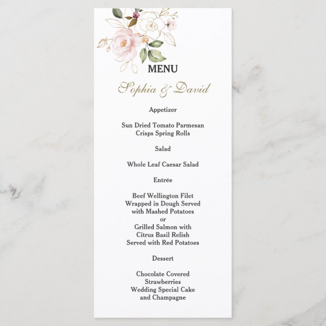 Menu Mariage Monogramme Fleurs Rose Charm Or (Devant)