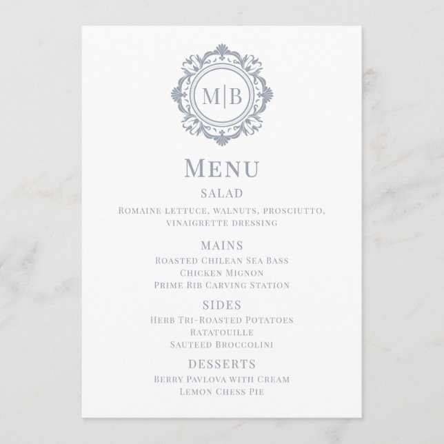 Menu Mariage Monogramme Floral Orné Argent (Devant)