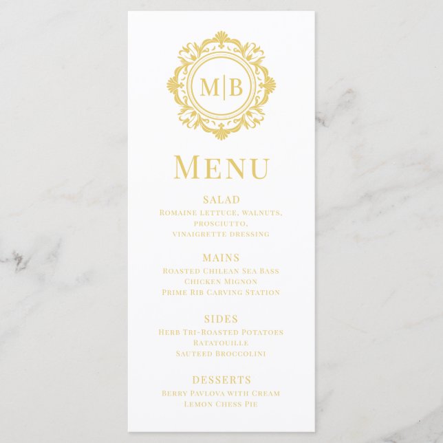 Menu Mariage Monogramme Floral Orné Blanc Or (Devant)