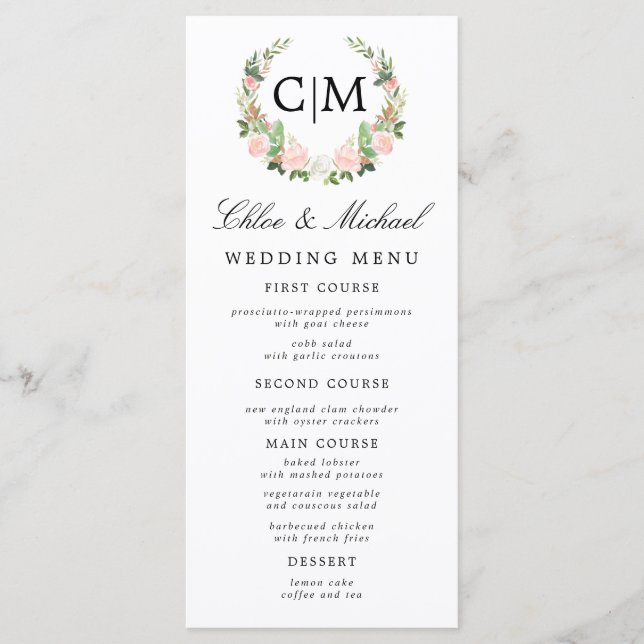 Menu Mariage Monogramme Floral Rose Blanc Nom (Devant)