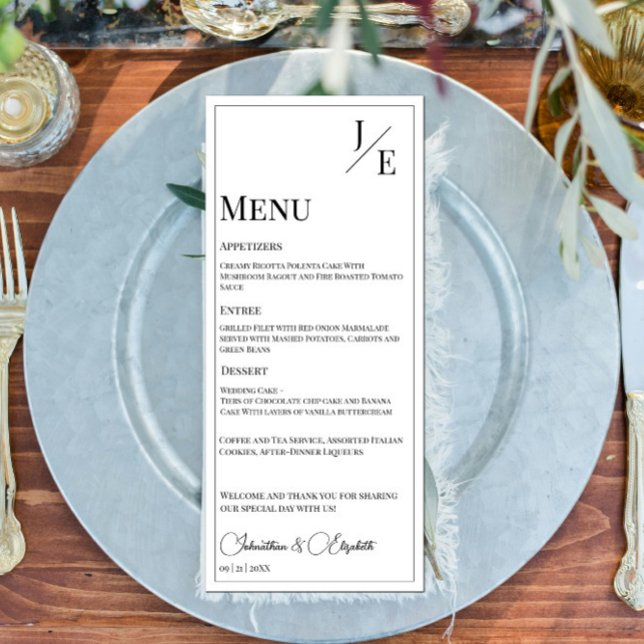 Menu Mariage monogramme minimal | BLANCHE (Minimalist Monogram Wedding Menu | White)