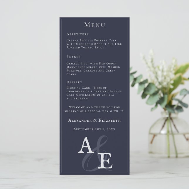 Menu Mariage Monogramme minimaliste bleu marine (Debout devant)
