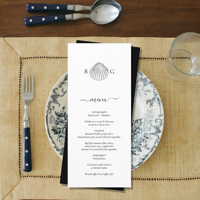Menu Mariage monogramme minimaliste de coquillage de co (Minimalist Clam Seashell Monogram Wedding Menu)