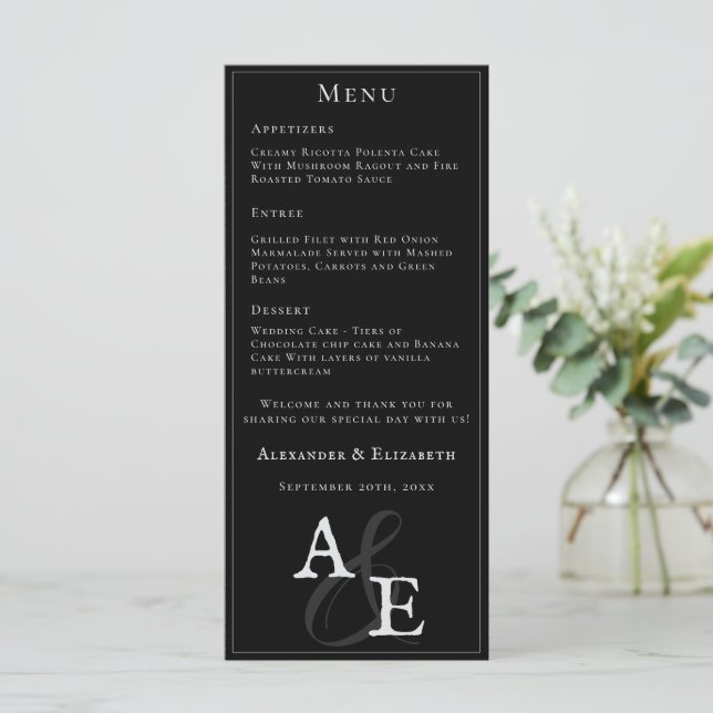 Menu Mariage Monogramme minimaliste noir (Debout devant)