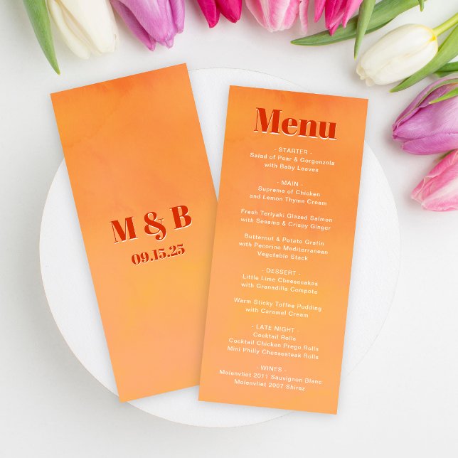 Menu Mariage Monogramme Moderne Orange Coucher de Solei (Créateur téléchargé)