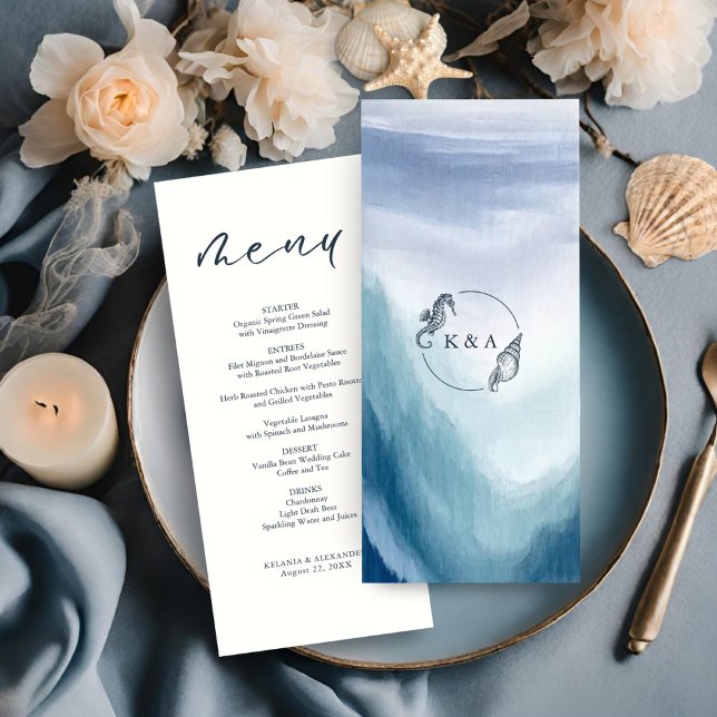 Menu MARIAGE Monogramme nautique Vagues océaniques (Créateur téléchargé)