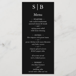 Menu Mariage Monogramme noir et blanc classique