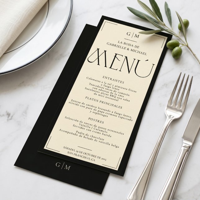 Menu Mariage Monogramme Noir Ivoire Boda Espagnol (Créateur téléchargé)
