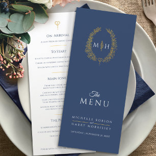 Menu Mariage monogramme ovale de feuille d'or blanc ble