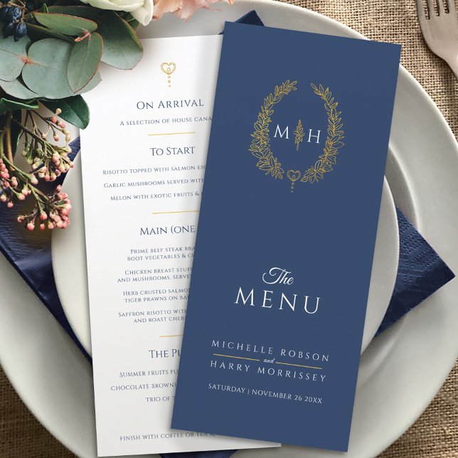 Menu Mariage monogramme ovale de feuille d'or blanc ble (Créateur téléchargé)