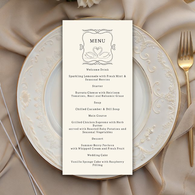 Menu Mariage Monogramme Rayures Cygnes Dessinés à la Ma (Créateur téléchargé)