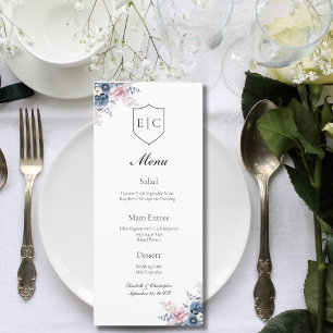 Menu Mariage Monogramme rose pâle bleu foncé