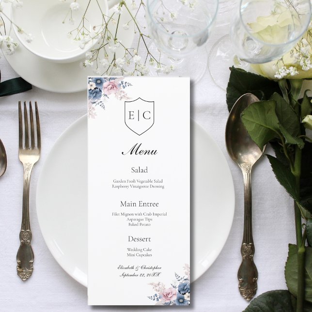 Menu Mariage Monogramme rose pâle bleu foncé (Dusty blue blush pink floral monogram wedding menu )