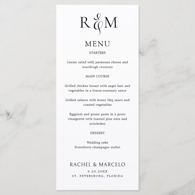 Menu Mariage Monogramme simple noir blanc (Devant)