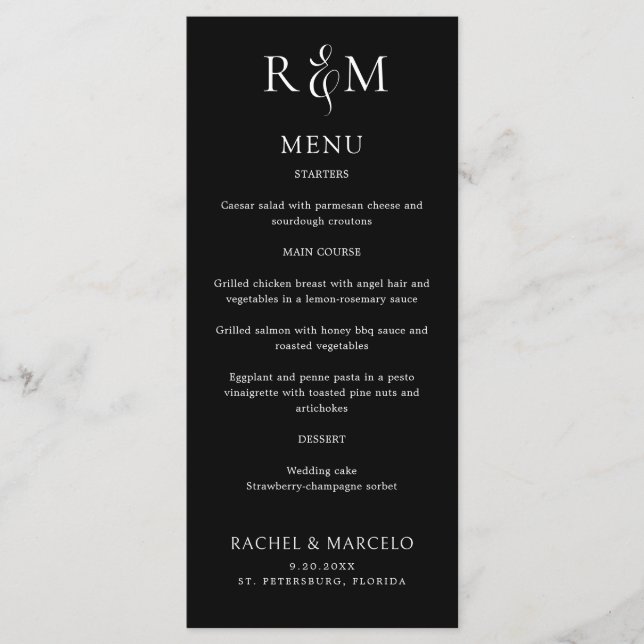 Menu Mariage Monogramme simple noir blanc (Devant)