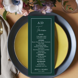 Menu Mariage monogramme vert émeraude minimaliste moder