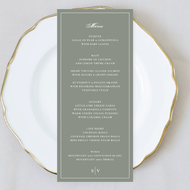 Menu Mariage Monogramme Vert Sauge Cadre Premium (Créateur téléchargé)