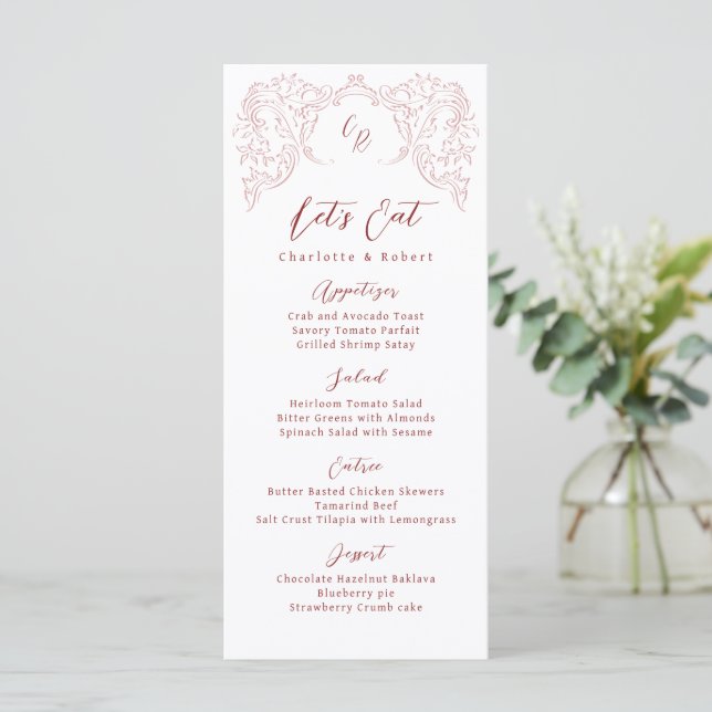 Menu Mariage Monogramme Vintage Pink Croché (Debout devant)