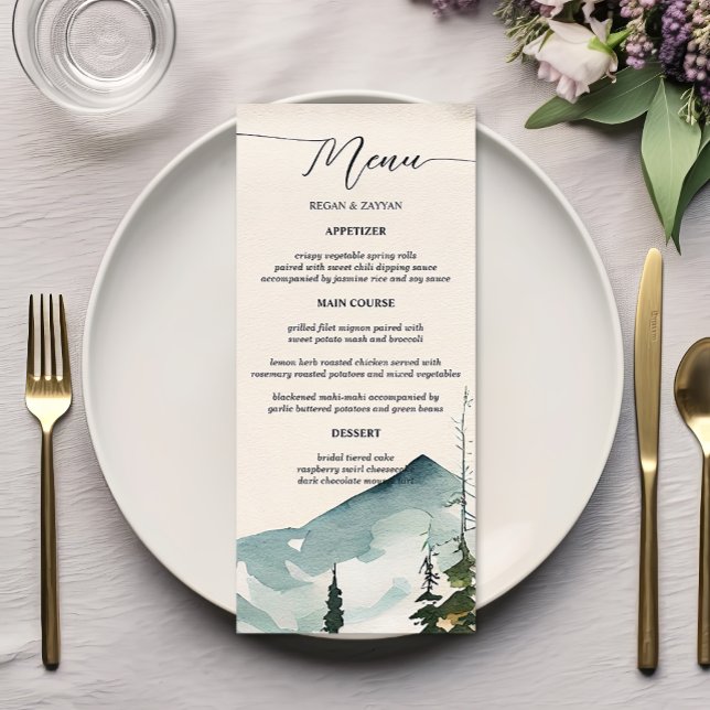 Menu Mariage Montagnes Et Pins Aquarelle (Créateur téléchargé)