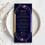 Menu Mariage mystique arc-en-ciel bleu Sun Moon Stars<br><div class="desc">Mystical Rainbow Dark Navy Blue Sun Moon Stars Astronomie Galaxie Céleste Les cartes de mariage cosmique présentent un arc-en-ciel coloré soleil, lune et étoiles encadré sur un arrière - plan bleu marine foncé avec les détails de votre menu au centre dans le script de calligraphie moderne. Personnalisez en modifiant le...</div>