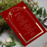 Menu Mariage mystique Red Gold Sun Moon Stars<br><div class="desc">Mystical Dark Red Gold Sun Moon Stars Astronomie Galaxy Celestial Cosmic Space Mariage Cartes de menu propose un cadre doré, lune et étoiles sur un arrière - plan rouge foncé avec les détails de votre menu dans le centre en script de calligraphie or. Personnalisez en modifiant le texte dans les...</div>