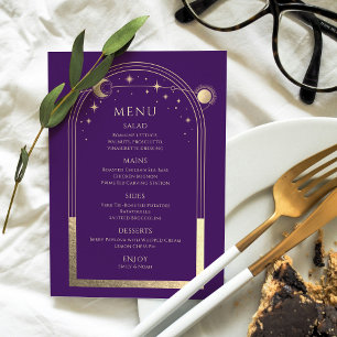 Menu Mariage mystique violet or Sun Moon étoiles