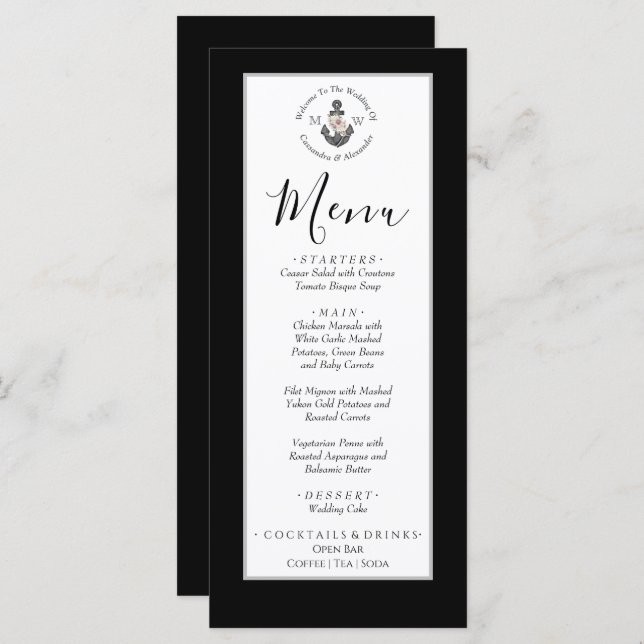 Menu Mariage nautique Ancre florale noir et blanc (Devant / Derrière)