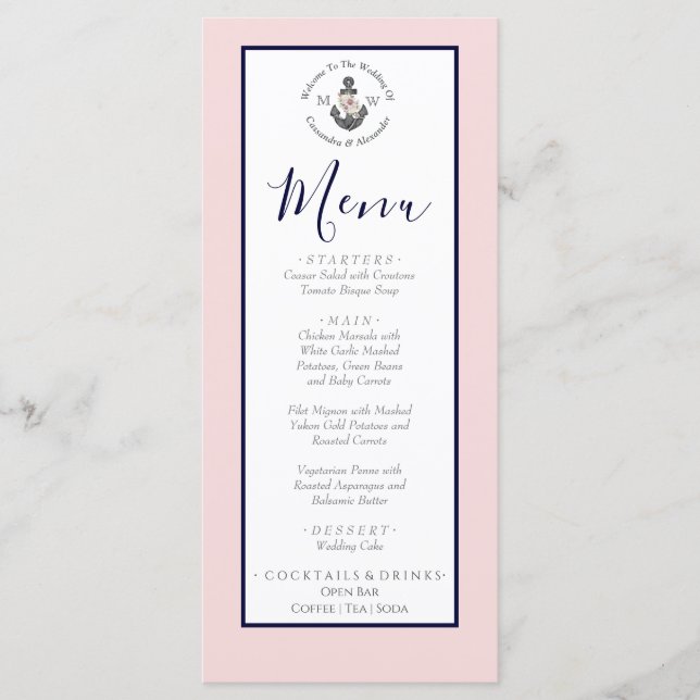 Menu Mariage nautique Ancre florale rose marine gris (Devant)