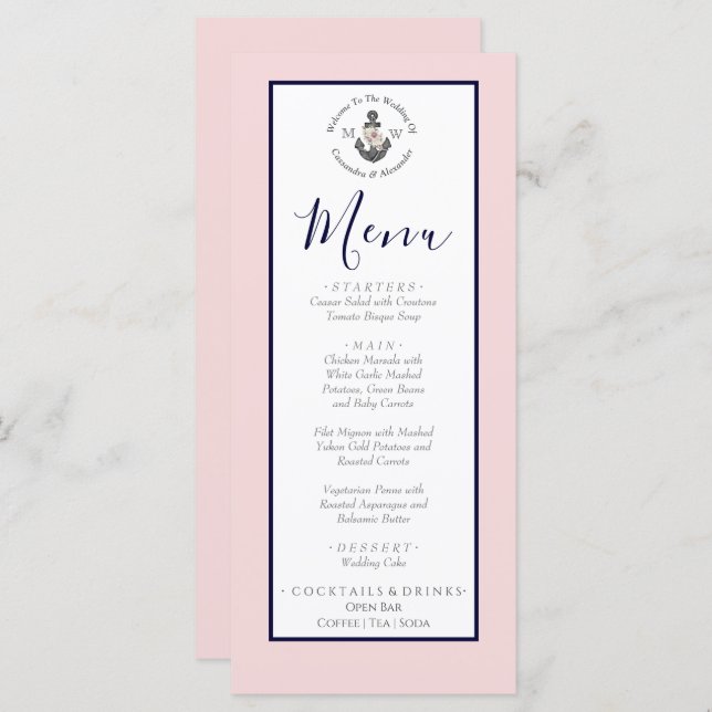 Menu Mariage nautique Ancre florale rose marine gris (Devant / Derrière)